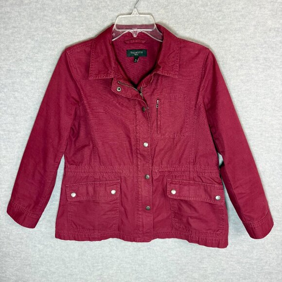 Talbots Petite MP Cotton Twill Safari Utility Jacket Burgundy Drawstring Waist - Picture 4 of 14